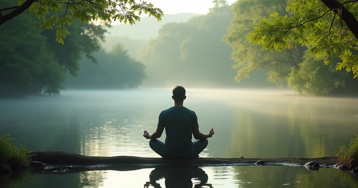 Pessoa sentada em posição de meditação próximo a árvores e um lago calmo. 