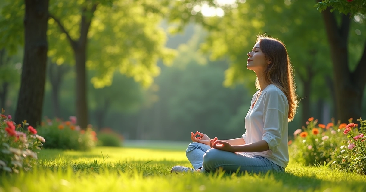 Pessoa meditando em um jardim tranquilo, rodeado por árvores e luz suave