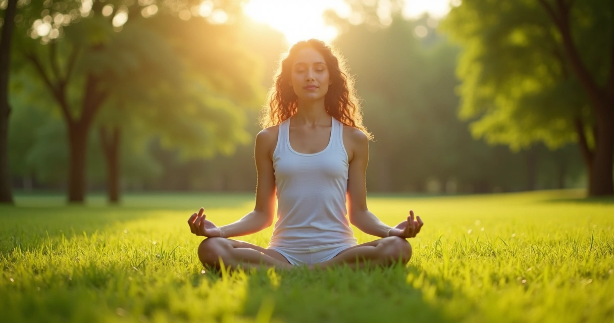 Pessoa meditando ao ar livre em contato com a natureza, transmitindo calma 
