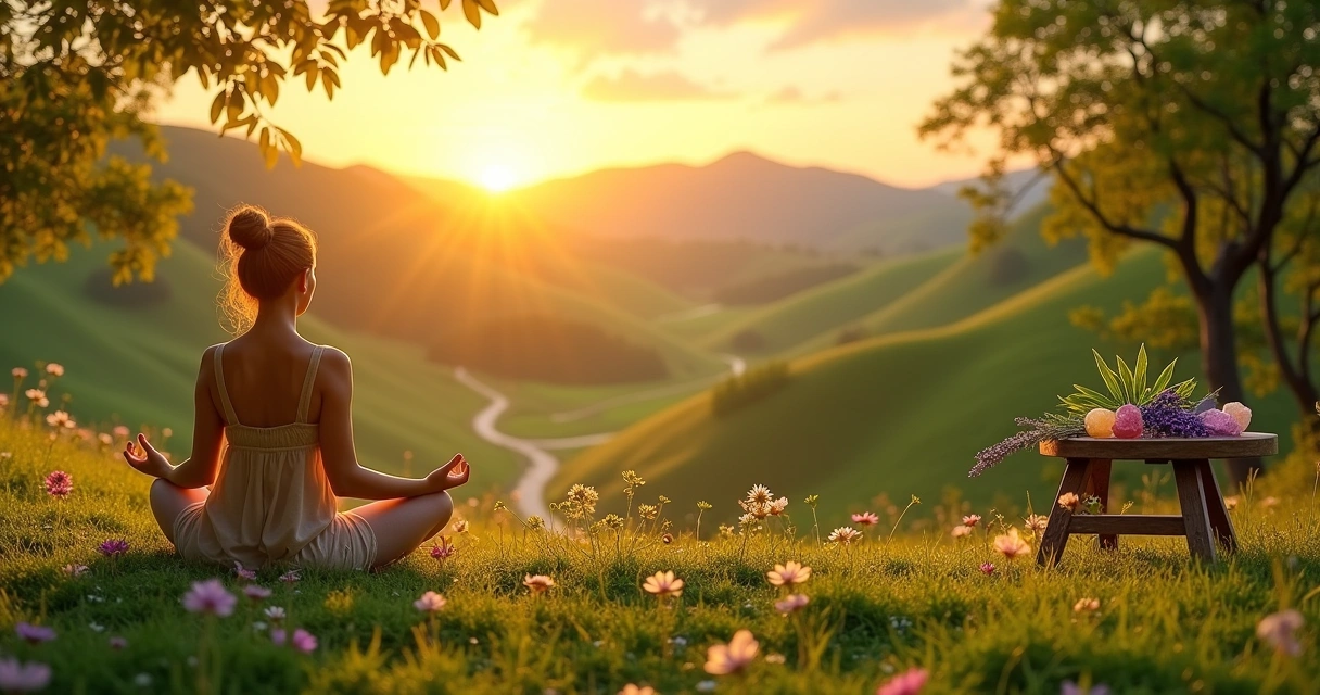 Figura em meditação rodeada de cristais e flores durante o pôr do sol em um ambiente natural.