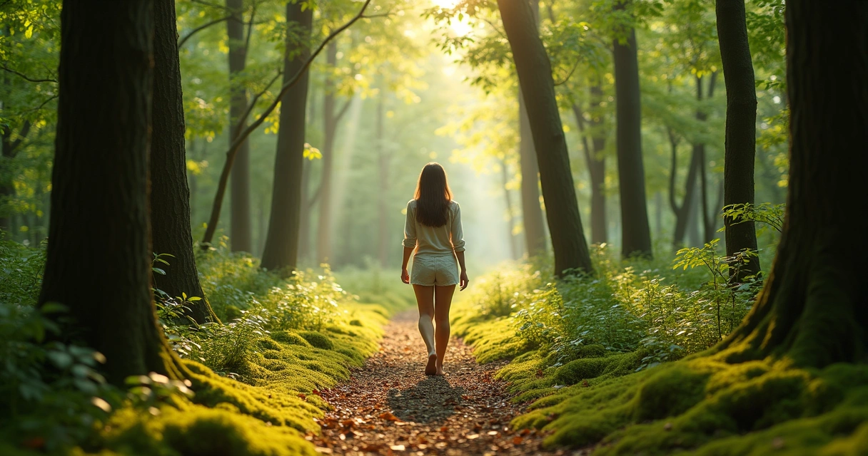 Pessoa caminhando descalça em bosque, rodeada de árvores e luz suave.
