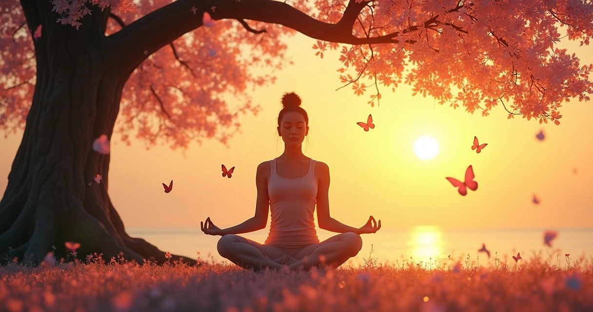 Pessoa sentada meditando em posição de lótus sob uma árvore florida ao pôr do sol. 