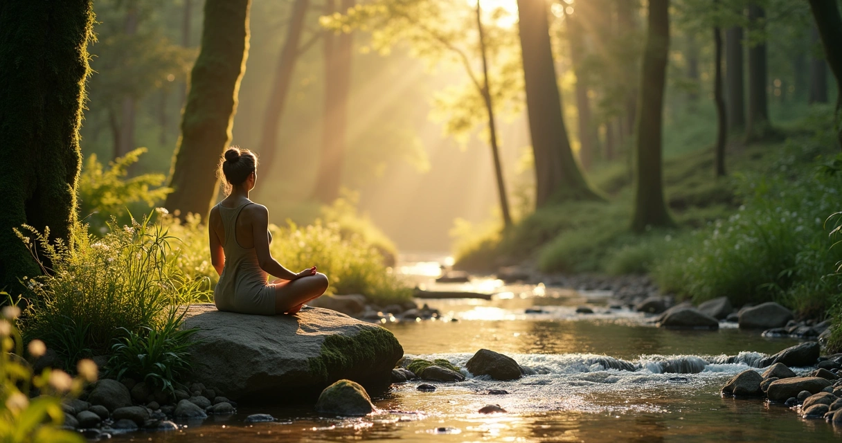 Pessoa sentada em meditação em pedra ao lado de riacho na floresta densa 