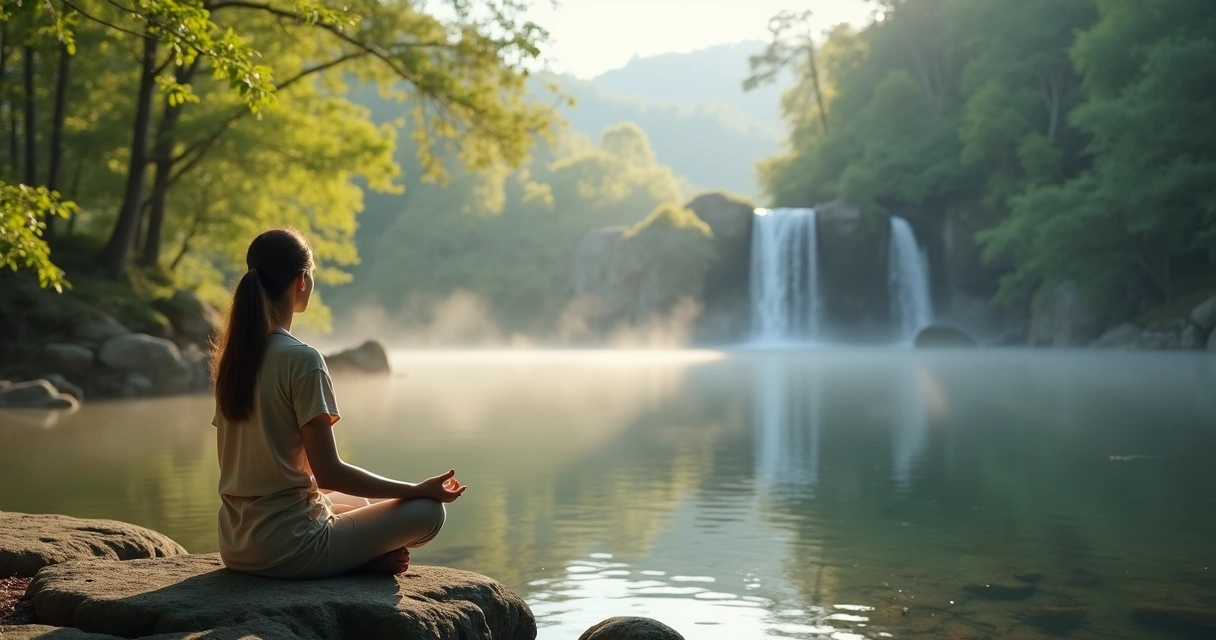 Pessoa meditando ao ar livre entre natureza silenciosa e sons suaves da água 