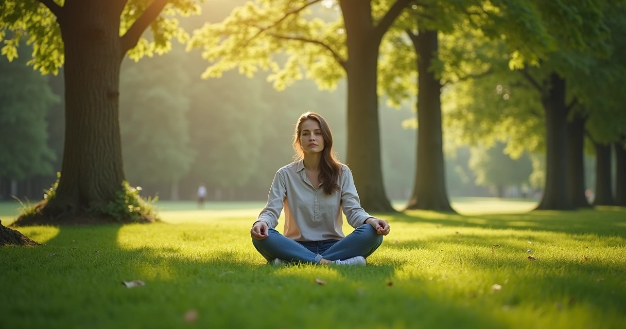 Pessoa sentada na grama meditando sob árvores 