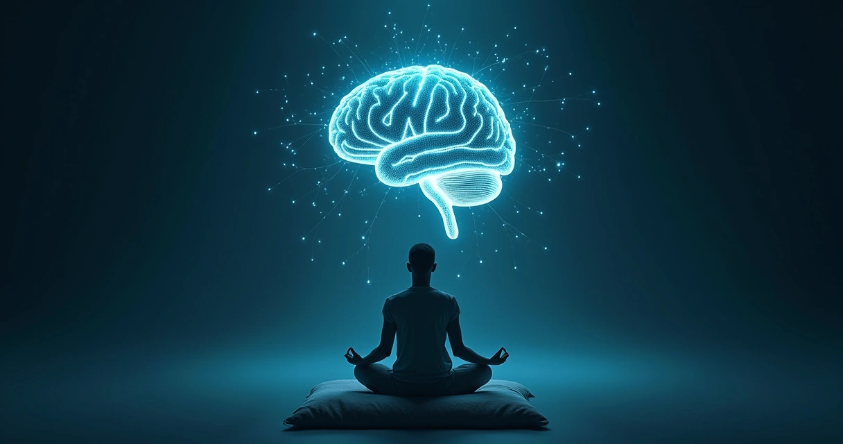Pessoa meditando com representação luminosa do cérebro e conexões neurais 