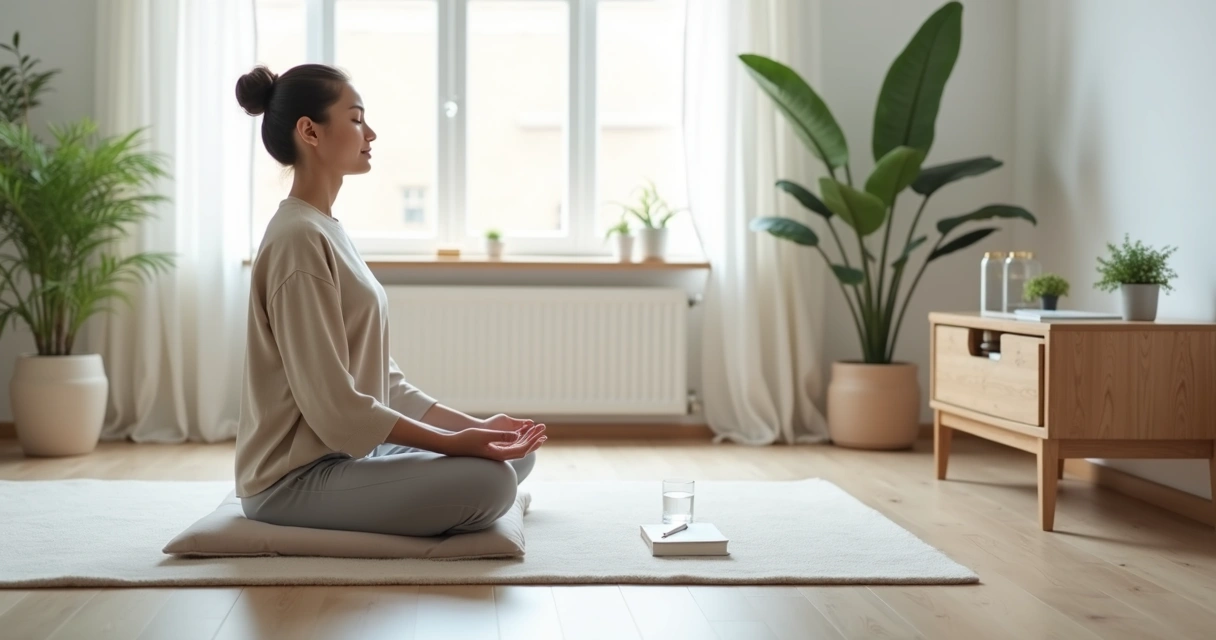 Pessoa meditando em posição confortável em sala minimalista neutra 