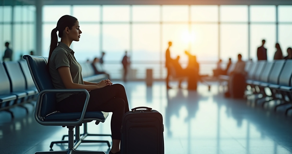 Pessoa sentada no aeroporto praticando respiração consciente 