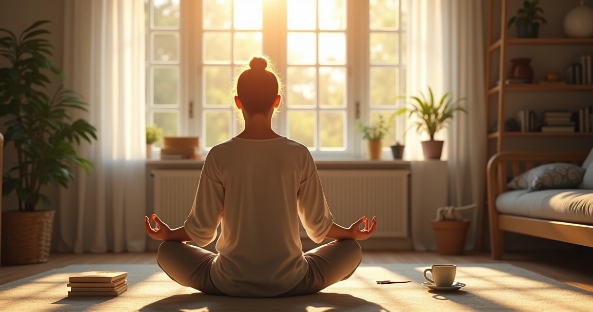 Pessoa sentada em posição de meditação, ambiente doméstico organizado 