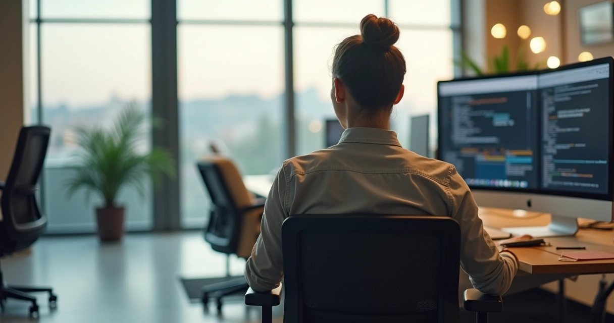 Pessoa sentada em cadeira de escritório fazendo uma breve pausa de meditação no ambiente de trabalho 