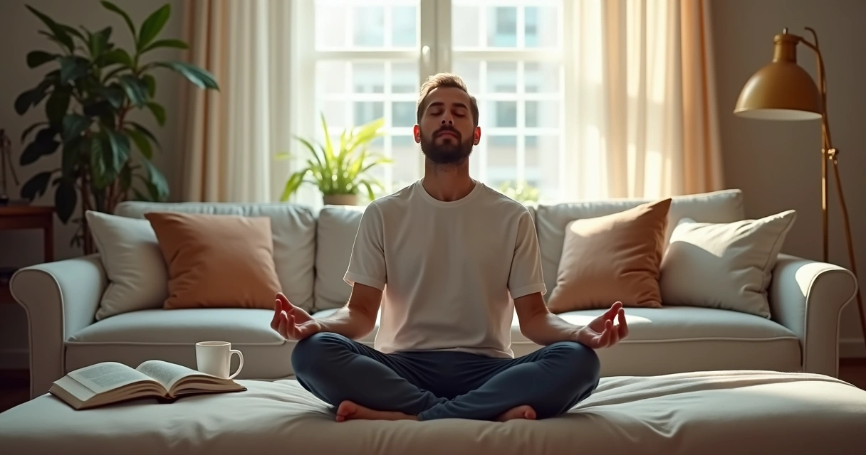 Homem sentado numa sala de estar, meditando casualmente 