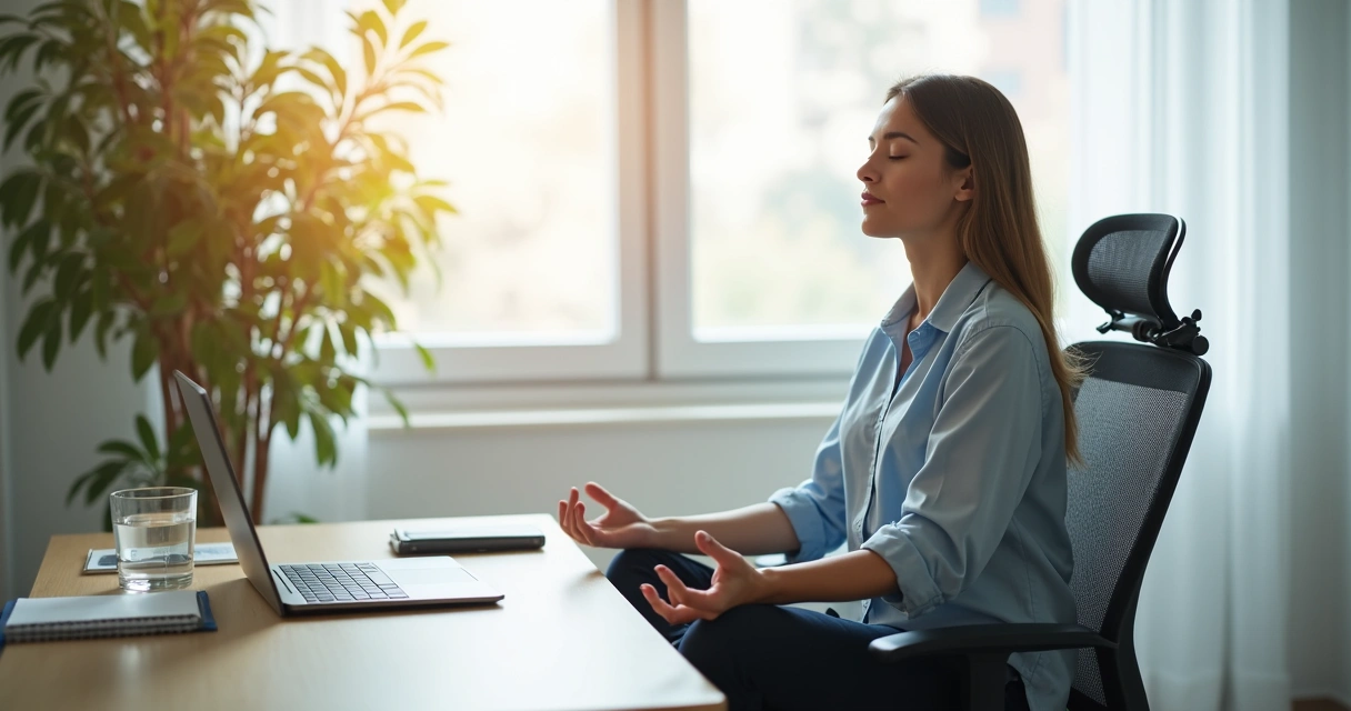 Pessoa meditando sentada em cadeira de escritório com luz suave e ambiente organizado 