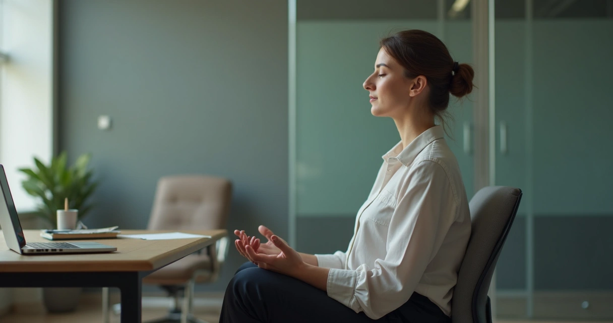 Pessoa meditando por alguns minutos no escritório 