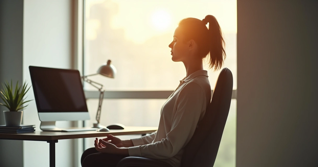 Pessoa sentada em uma cadeira de escritório com olhos fechados e mãos no colo, praticando respiração consciente 