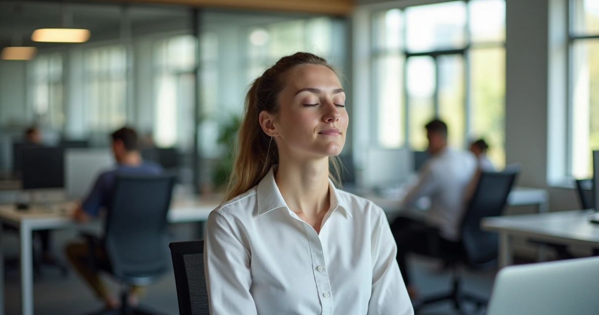Pessoa faz meditação ativa em escritório urbano durante pausa rápida
