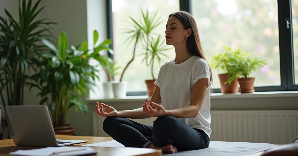 Pessoa praticando meditação em escritório