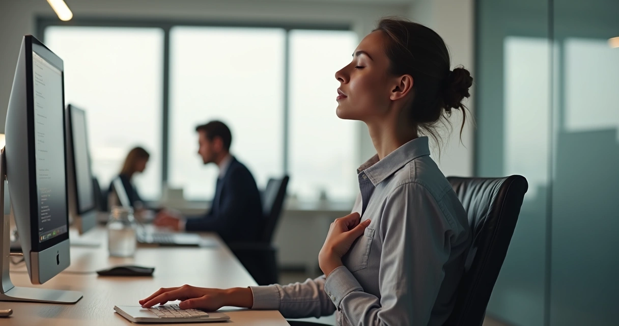 Pessoa fazendo meditação ativa em frente ao computador em ambiente corporativo 