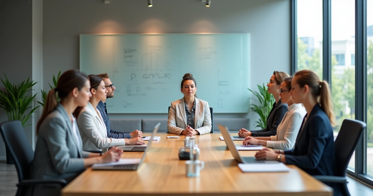 Equipe de escritório em meditação guiada em sala de reunião moderna 