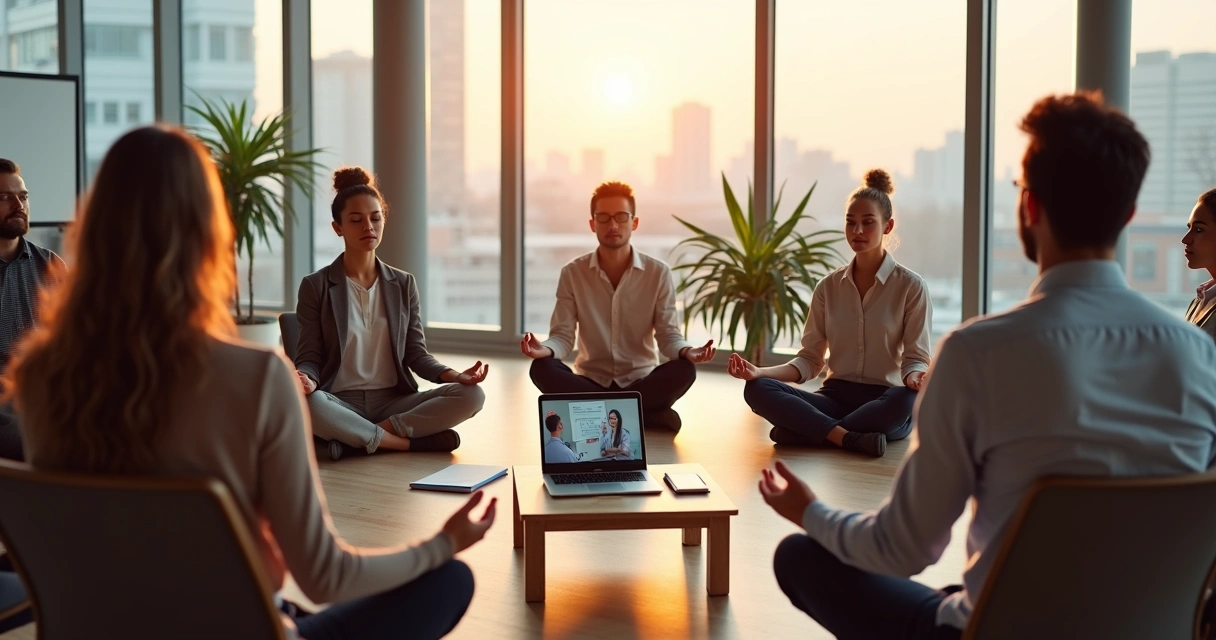 Equipe em escritório moderno praticando meditação guiada em círculo 