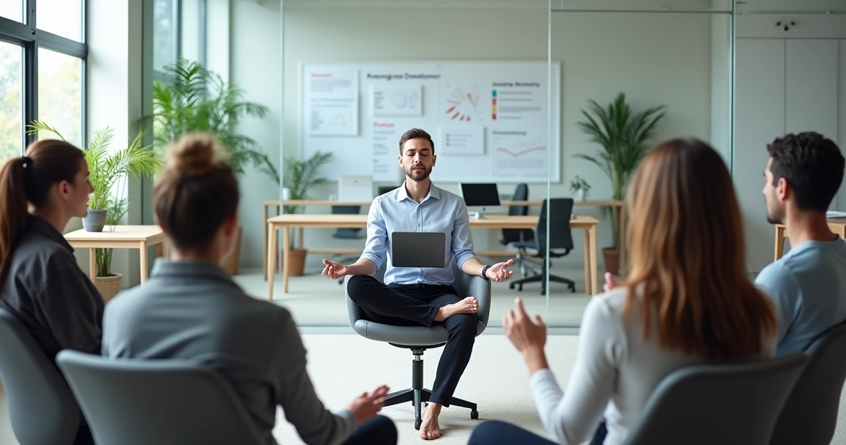 Equipe em escritório moderno praticando meditação guiada 