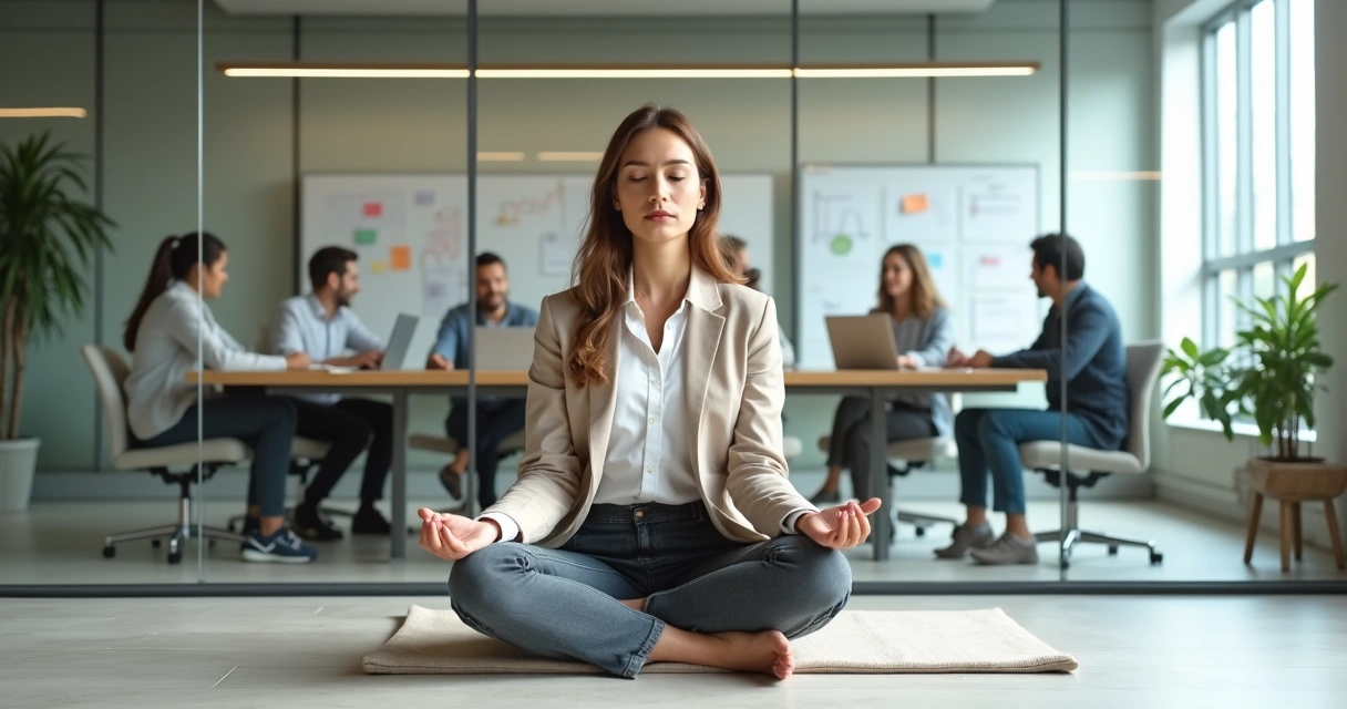 Profissional meditando em sala de reunião com equipe ao fundo trabalhando em harmonia 