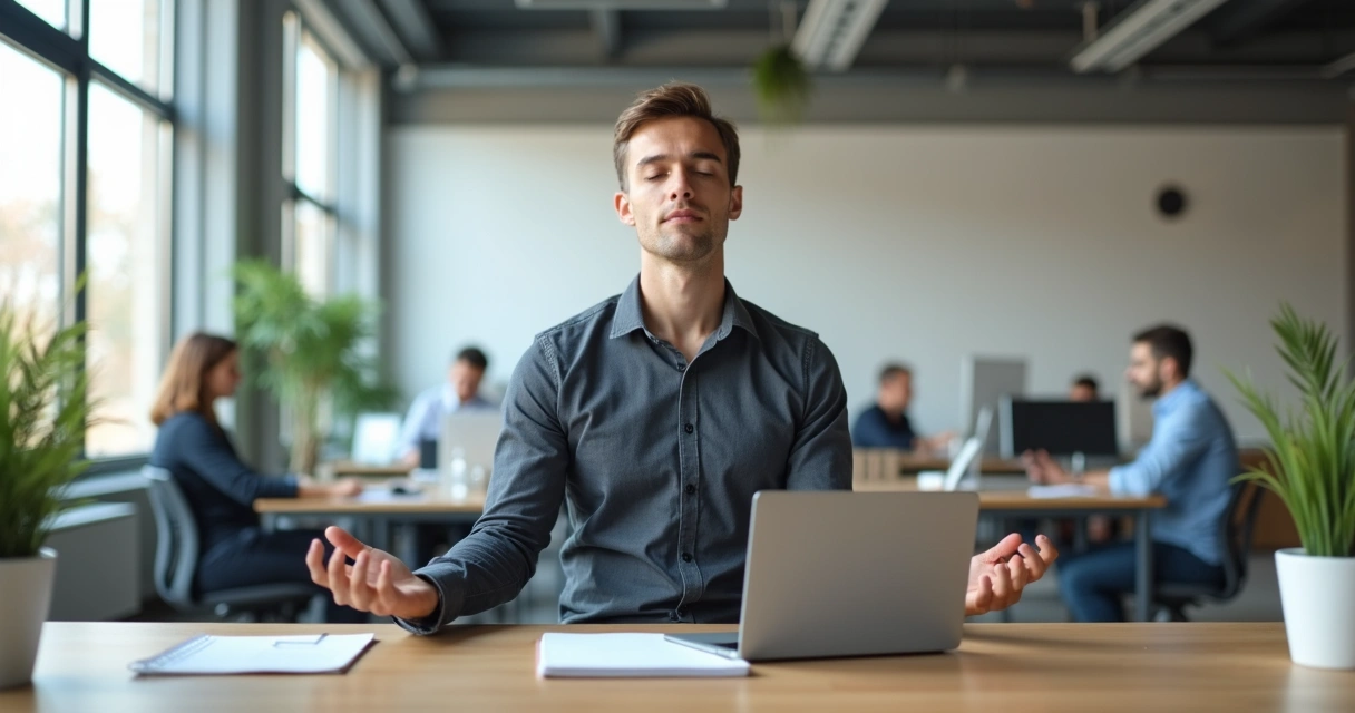 Profissional sentado em mesa de trabalho praticando meditação no escritório moderno 
