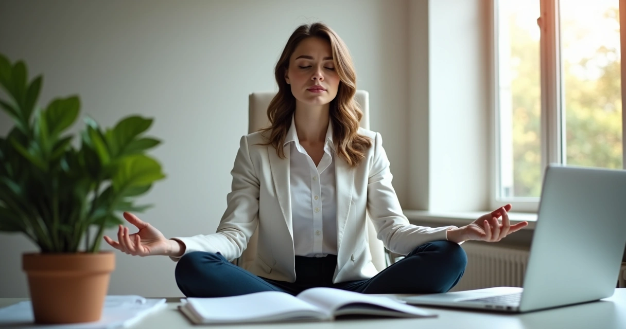 Pessoa sentada em cadeira de escritório fechando os olhos para meditar rapidamente