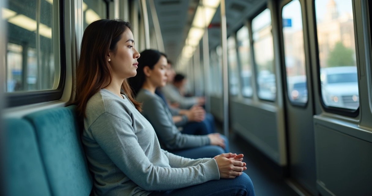 Pessoa sentada no metrô praticando respiração consciente
