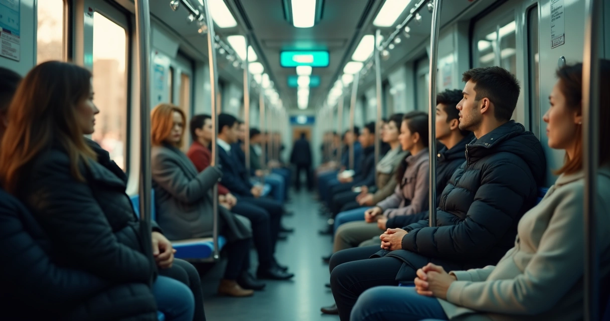 Passageira sentada no metrô em prática de atenção