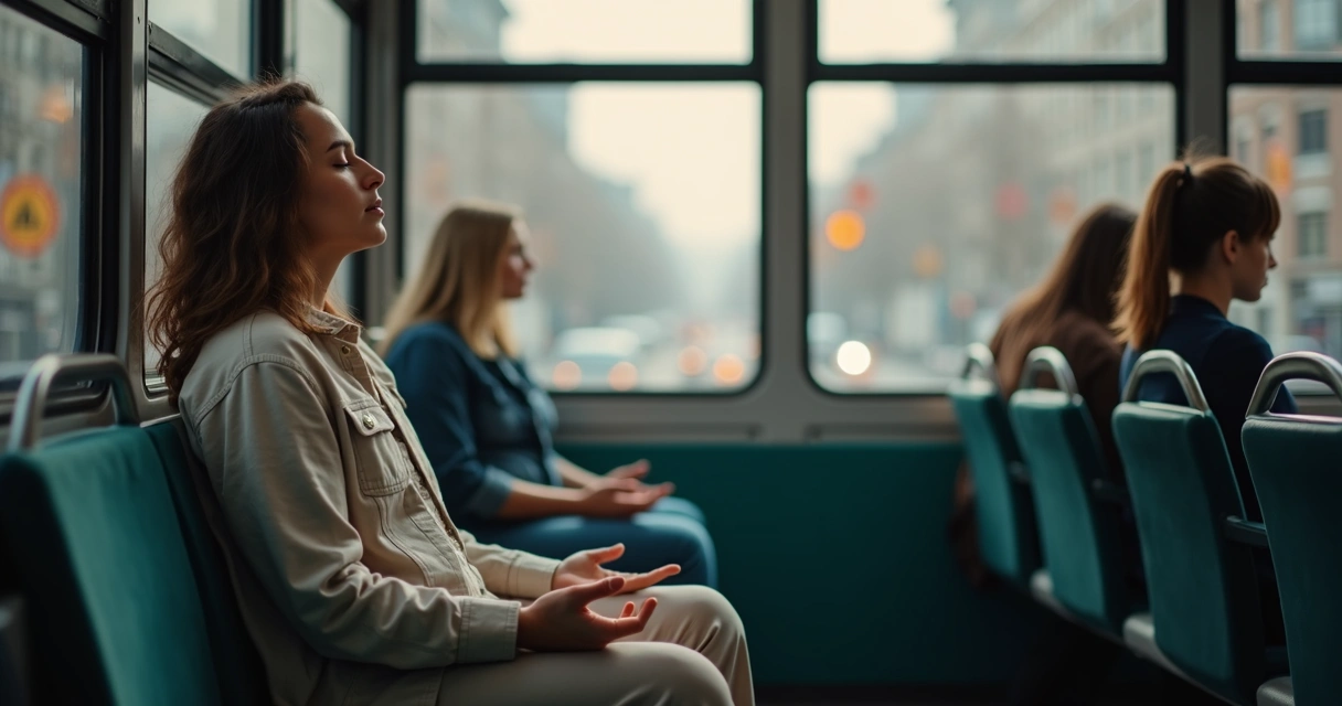 Pessoa meditando sentada no ônibus urbano