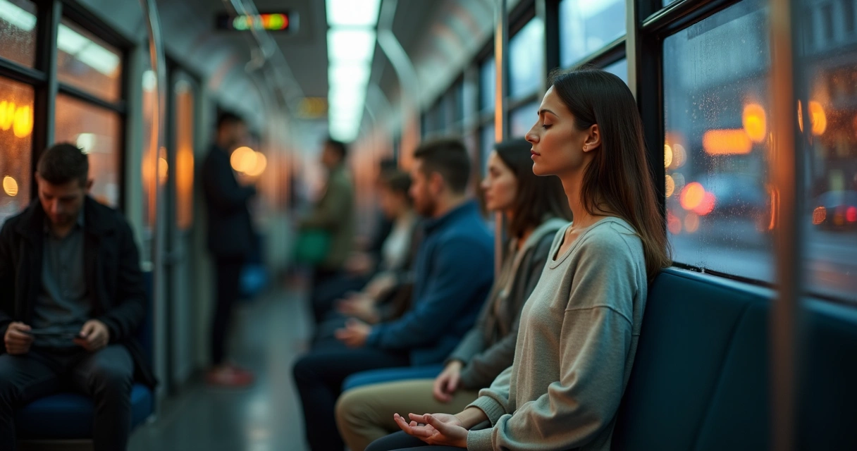 Mulher sentada em ônibus lotado fazendo respiração meditativa discreta 