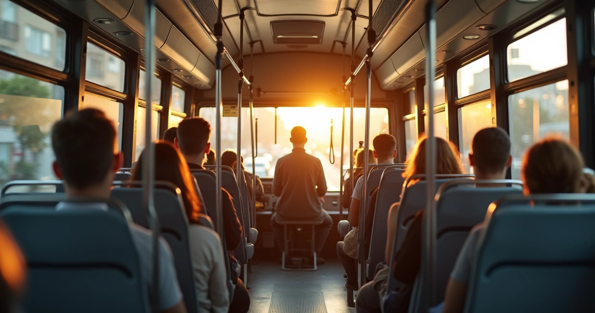 Pessoa sentada em ônibus urbano praticando meditação silenciosa enquanto observa a paisagem pela janela 