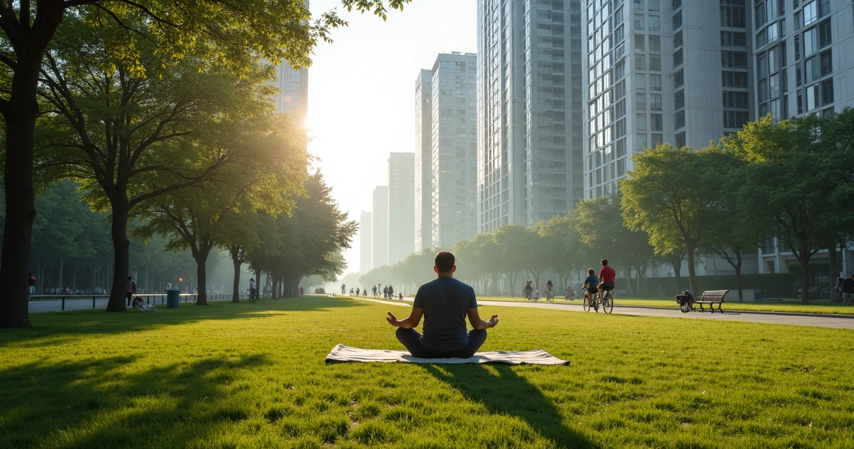 Pessoa meditando em parque urbano com prédios ao fundo