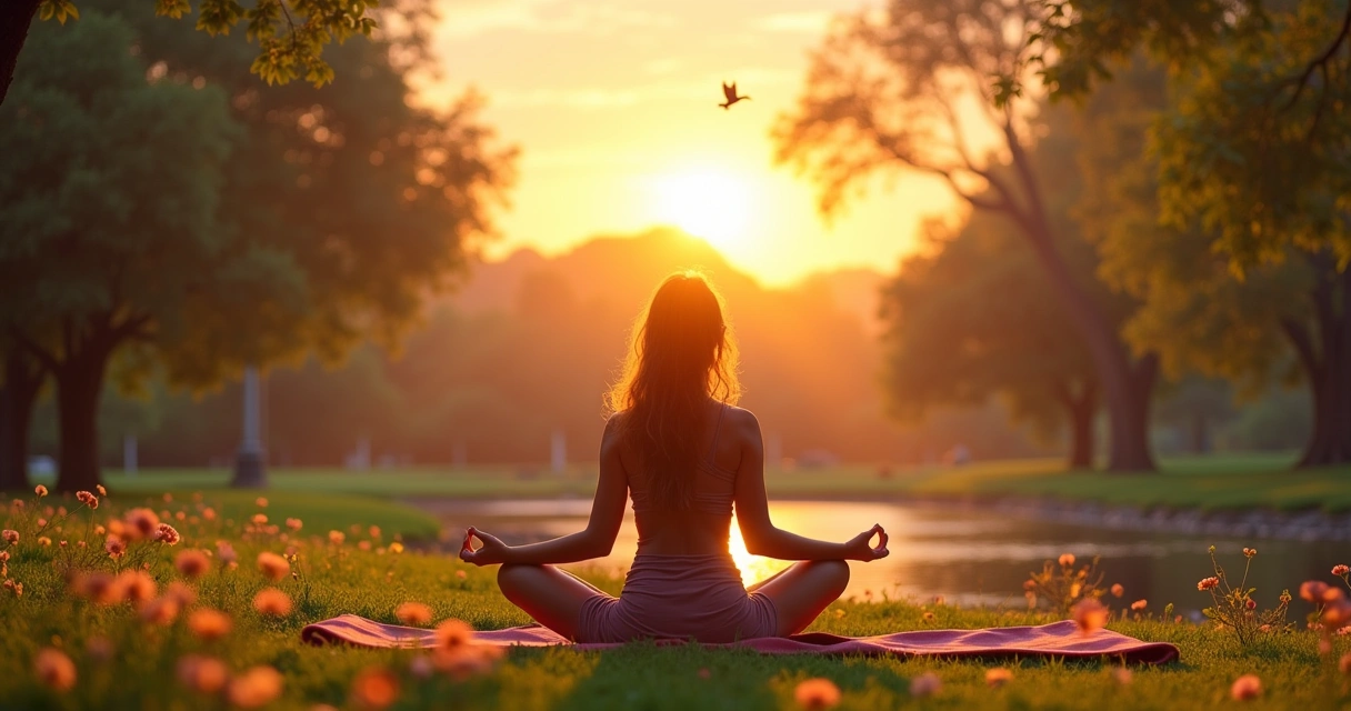 Pessoa meditando em um parque durante o pôr do sol, cercada pela natureza e tranquilidade.