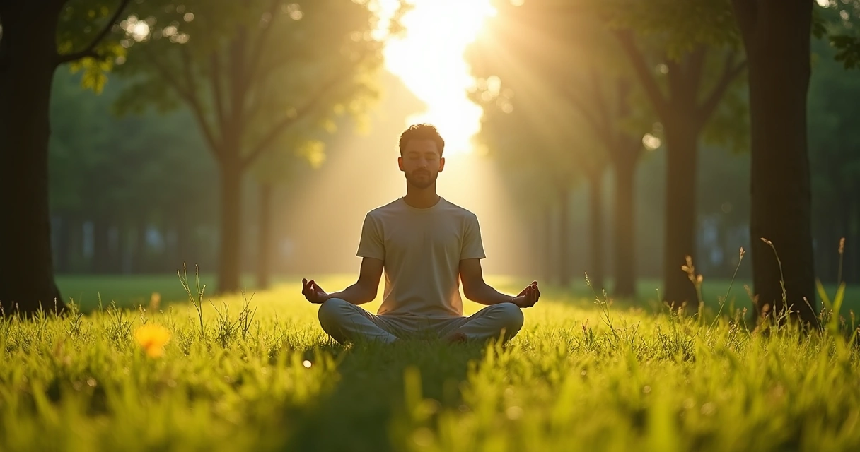 Pessoa sentada em posição de meditação ao ar livre, rodeada por árvores e luz suave 