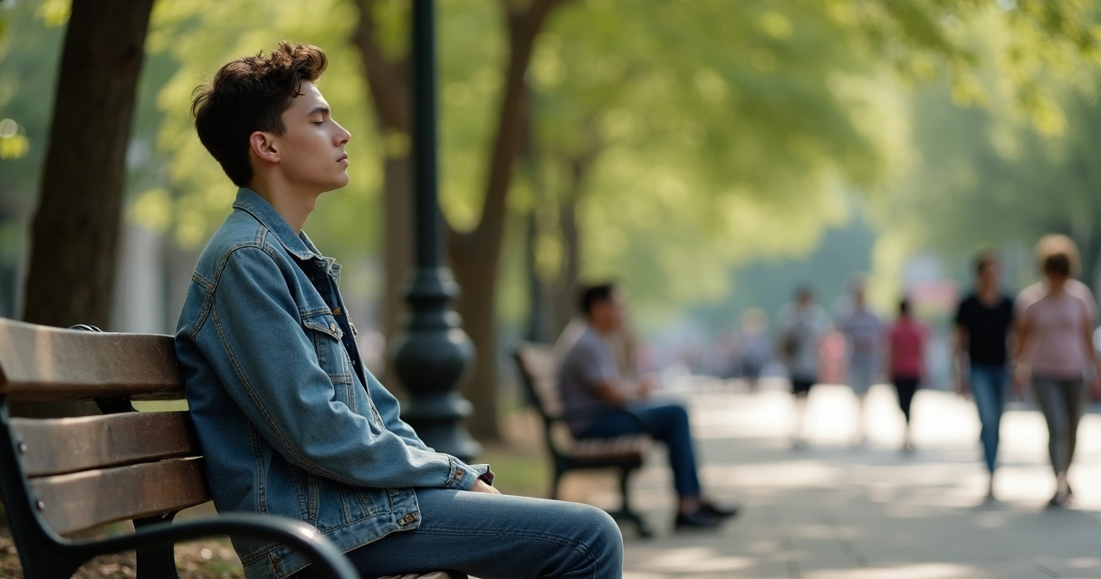 Pessoa sentada em banco de praça meditando discretamente com árvores ao fundo.