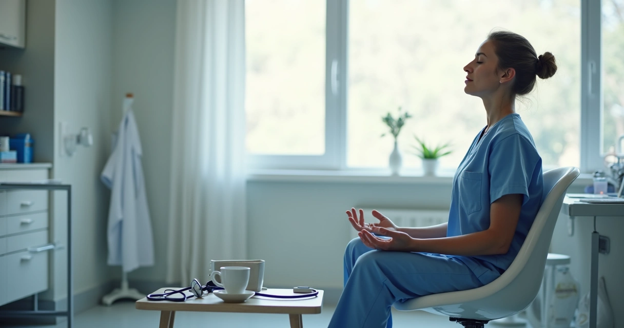 Profissional da saúde meditando sentado em sala de descanso