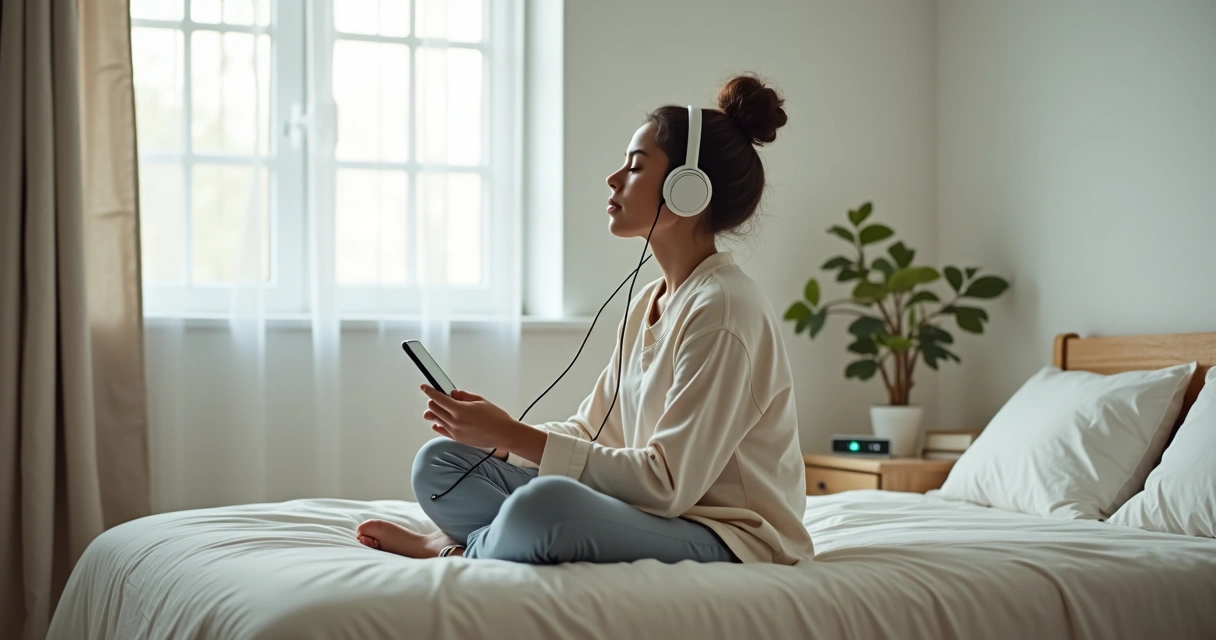 Pessoa meditando guiada sentada no quarto tranquilo. 
