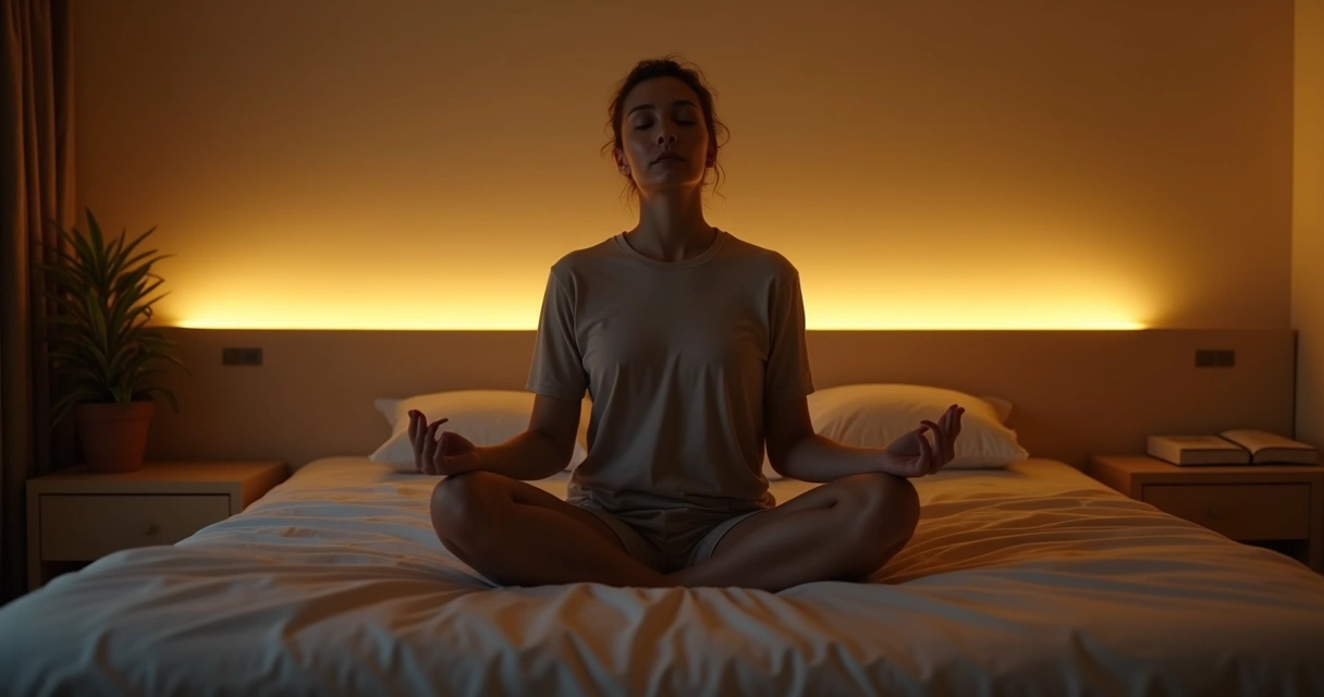 Pessoa sentada meditando em um quarto escuro, luz suave ao fundo