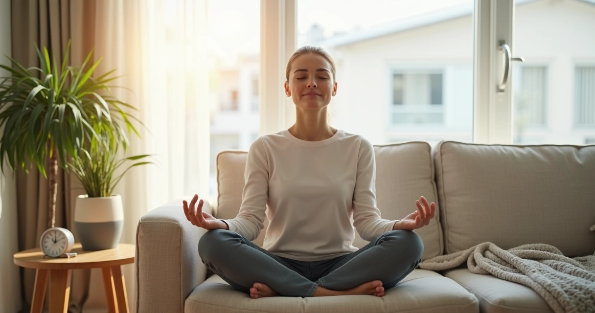 Pessoa sentada no sofá meditando por poucos minutos em casa 