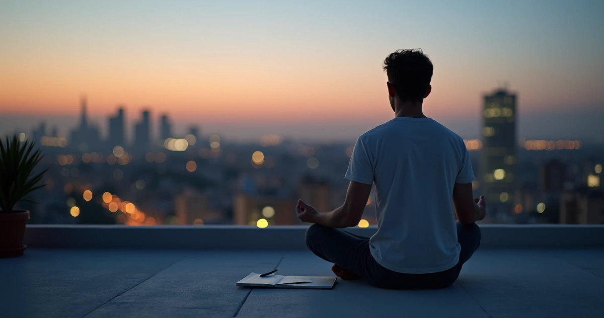 Pessoa meditando em telhado ao anoitecer com cidade desfocada ao fundo 