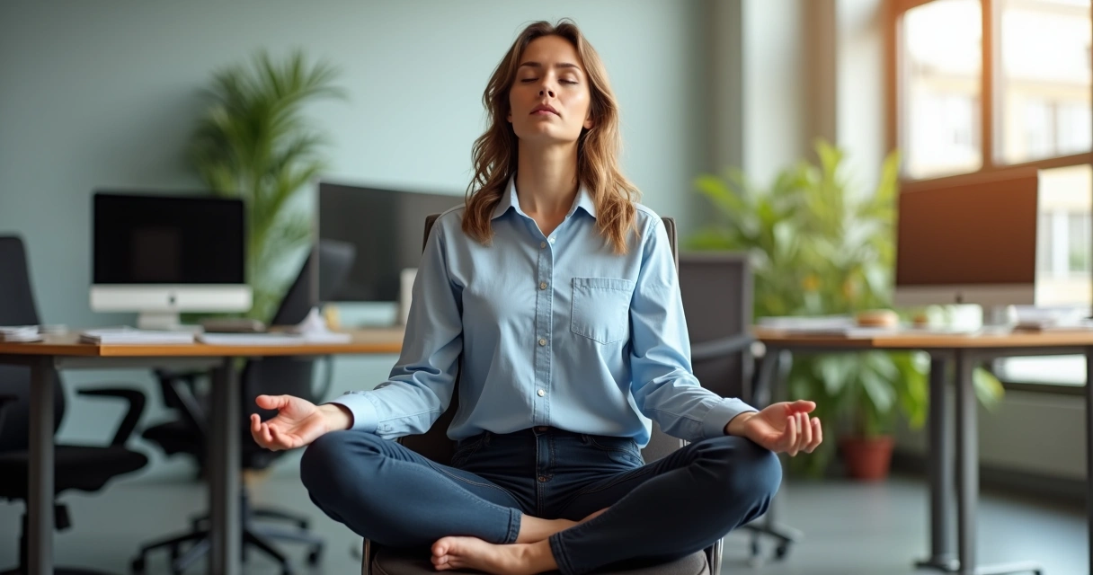 Pessoa sentada em cadeira de escritório praticando meditação no ambiente de trabalho