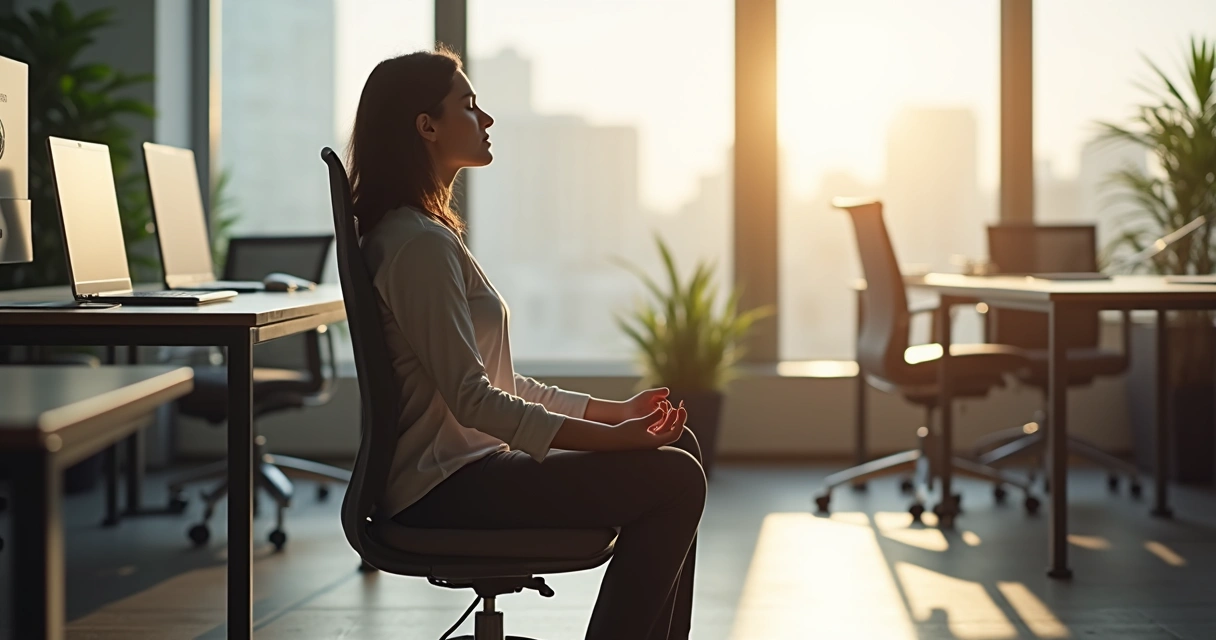 Pessoa sentada em postura de meditação em sala de escritório. 