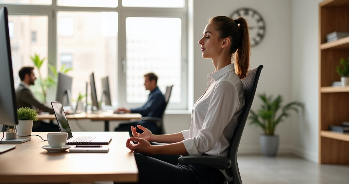 Profissional meditando em mesa de trabalho em escritório moderno 