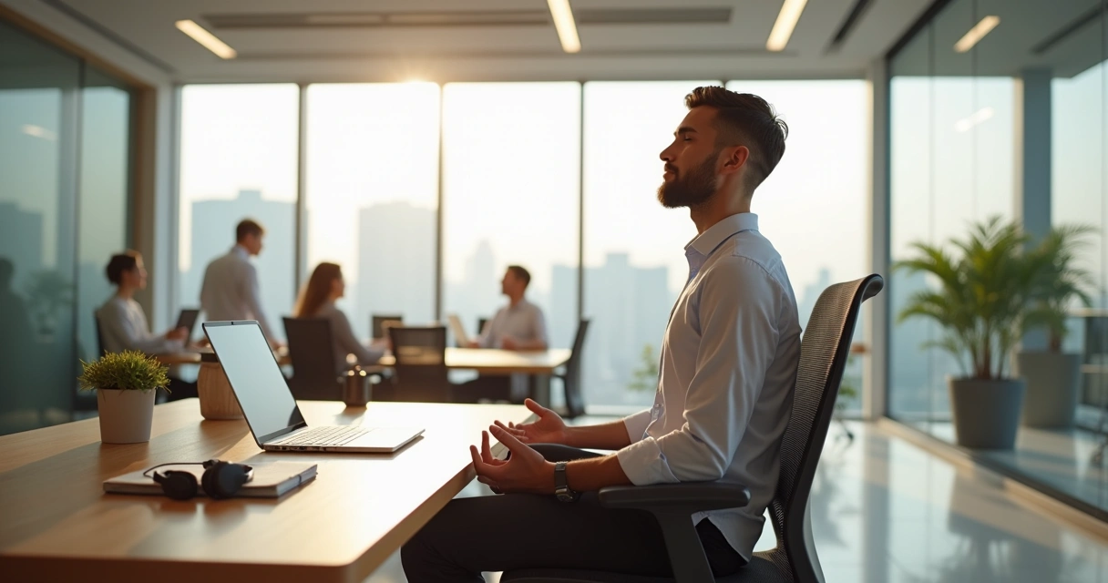Profissional sentado em postura de meditação em um escritório moderno 