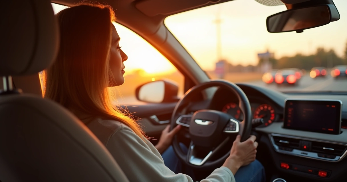 Motorista meditando em um carro parado no trânsito ao pôr do sol 