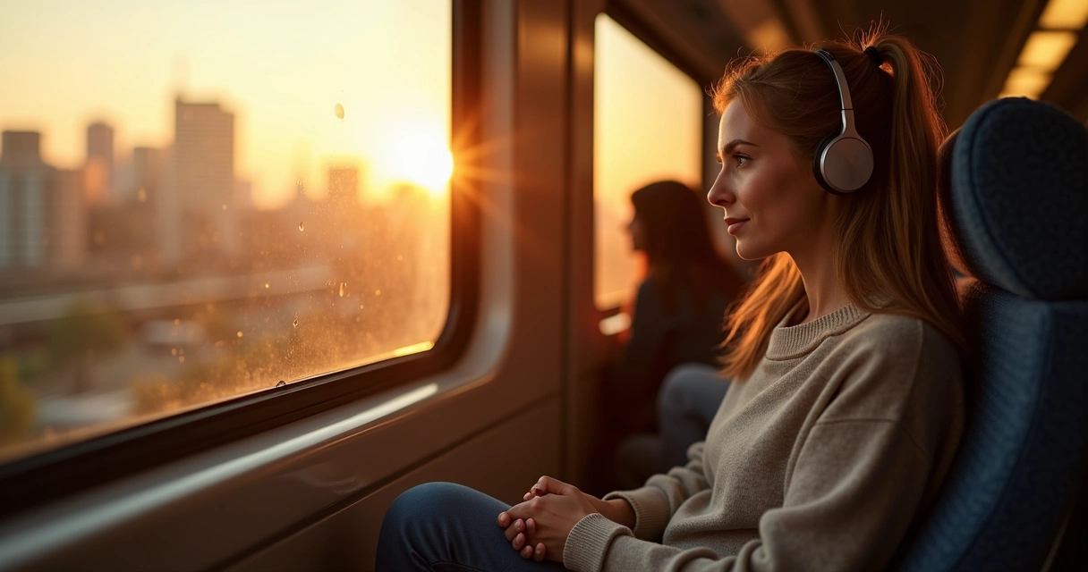 Mulher sentada em trem olhando pela janela, com expressão serena. 