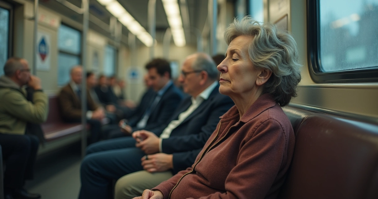 Mulher sentada em transporte público de olhos fechados respirando calmamente.