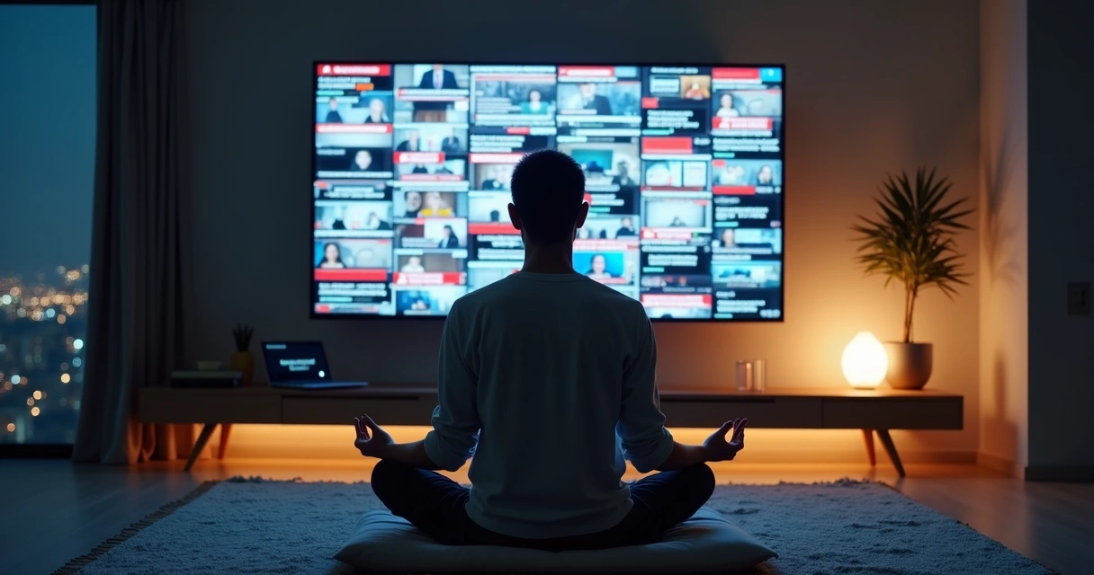Pessoa meditando em frente a tela cheia de notícias com layout limpo e focado. 