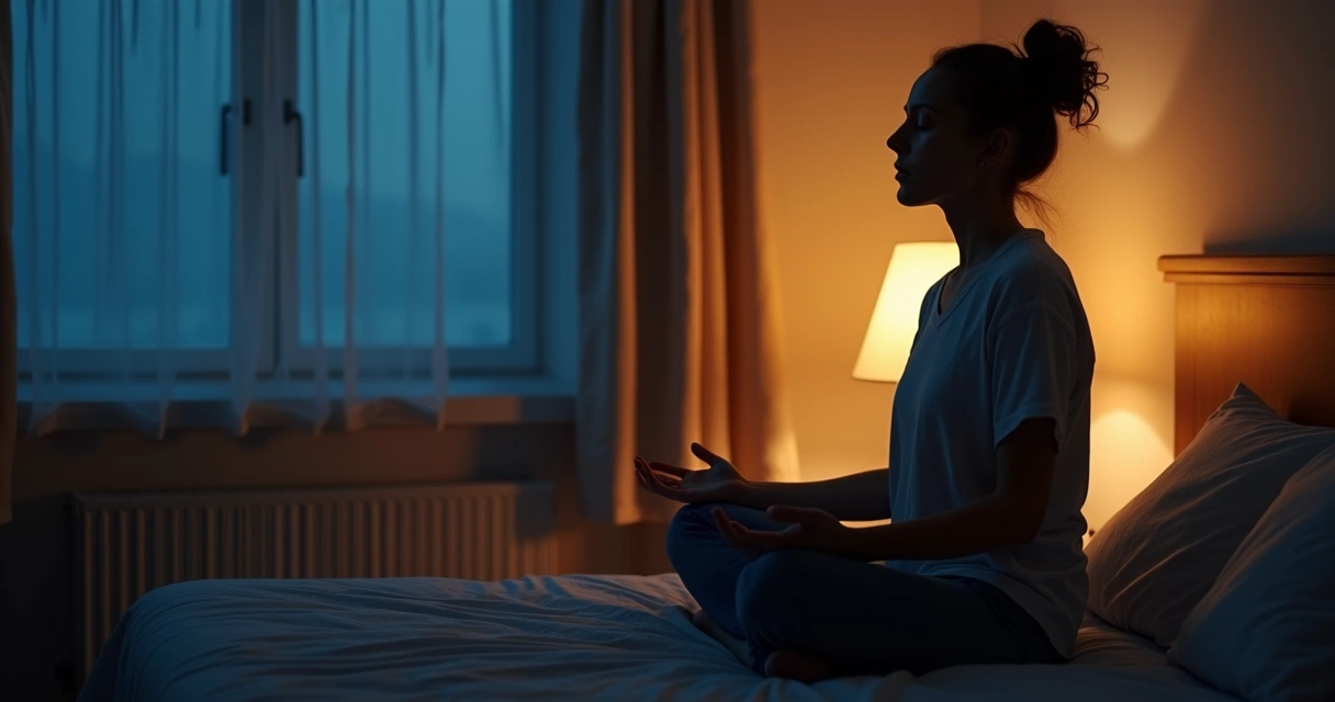 Ambiente de quarto com luz suave e prática de meditação noturna